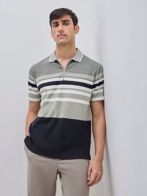 WES Casuals Sage Colour-Blocked Quarter Zip Cotton-Blend Polo T-Shirt