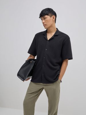 ETA Black Knitted Relaxed-Fit Cotton-Blend Shirt
