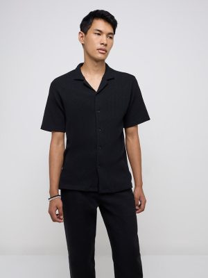 ETA Black Ribbed Relaxed Fit Cotton-Blend Shirt