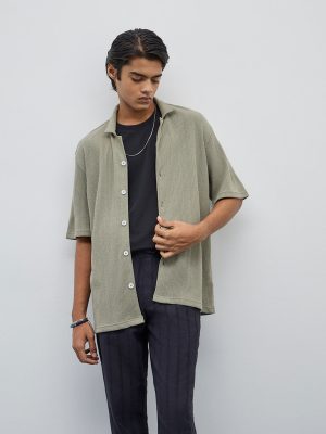 ETA Olive Ribbed Textured Relaxed-Fit Cotton-Blend Shirt