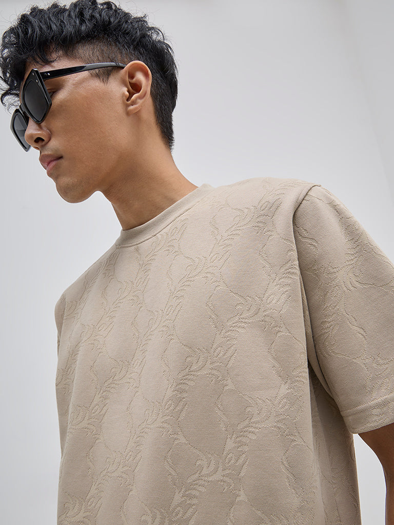 ETA Taupe Self-Patterned Relaxed-Fit Cotton T-Shirt - Image 3
