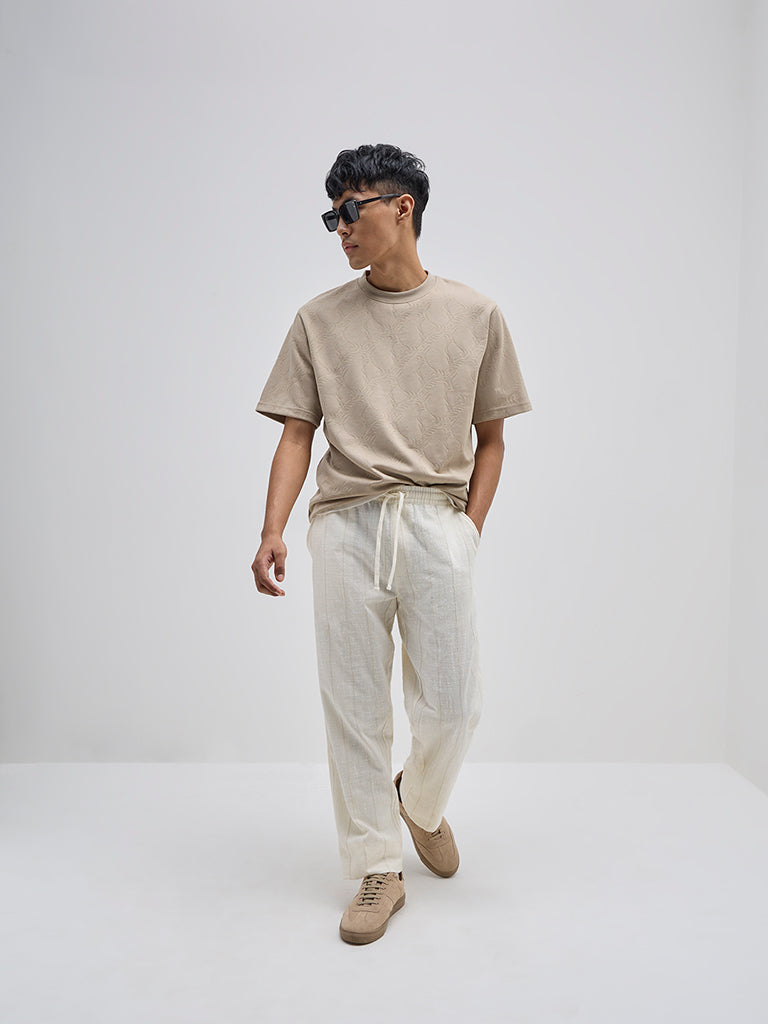 ETA Taupe Self-Patterned Relaxed-Fit Cotton T-Shirt - Image 4