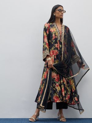 Vark Black Floral A-Line Kurta. Pants and Dupatta Set