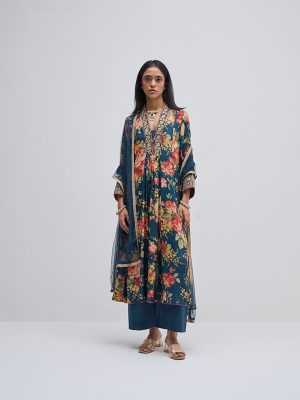 Vark Blue Floral A-Line Kurta. Pants and Dupatta Set