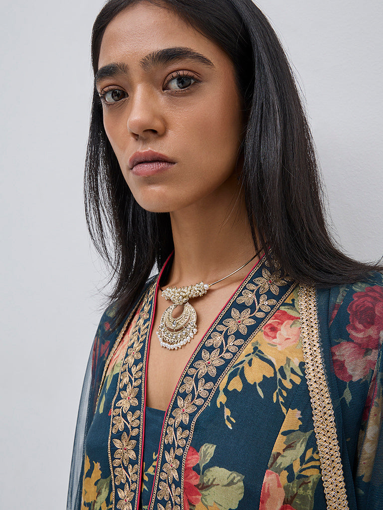 Vark Blue Floral A-Line Kurta. Pants and Dupatta Set - Image 3