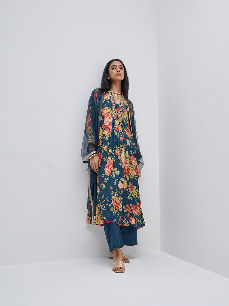 Vark Blue Floral A-Line Kurta. Pants and Dupatta Set - Image 4