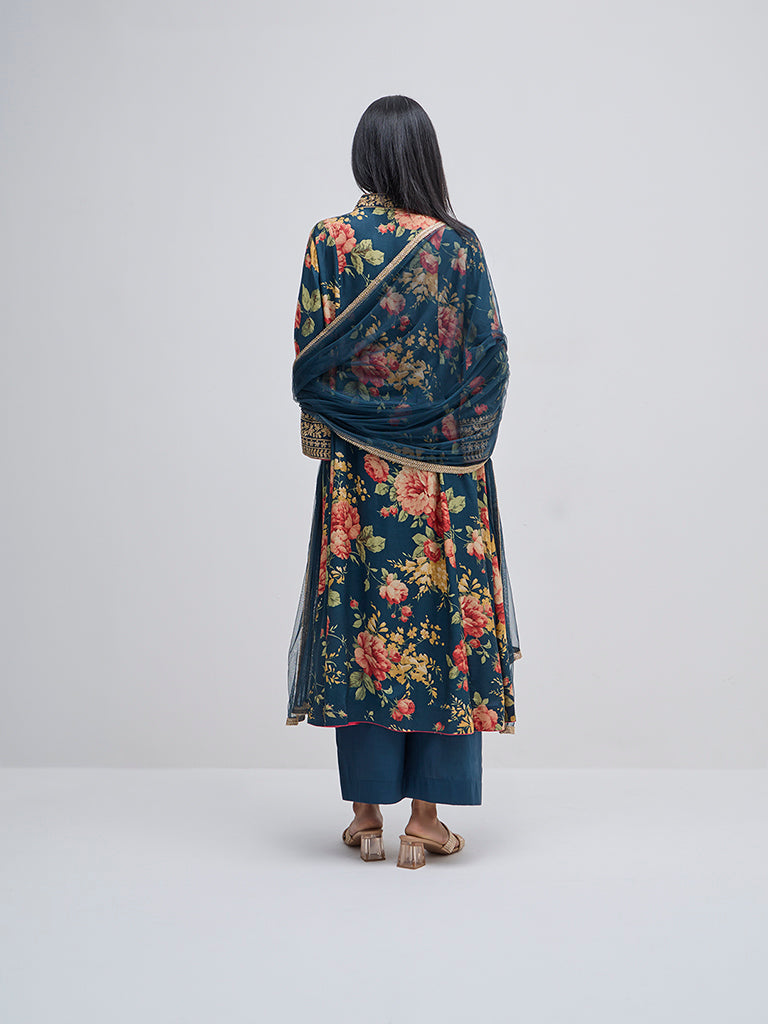 Vark Blue Floral A-Line Kurta. Pants and Dupatta Set - Image 5