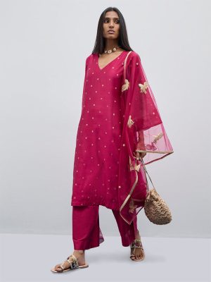Vark Magenta Embellished A-Line Kurta. Pants and Dupatta Set