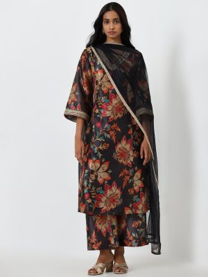Vark Black Floral Printed A-Line Kurta. Palazzos and Dupatta Set