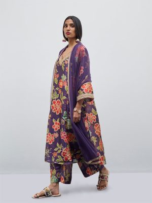 Vark Purple Floral Printed A-Line Kurta. Palazzos and Dupatta Set