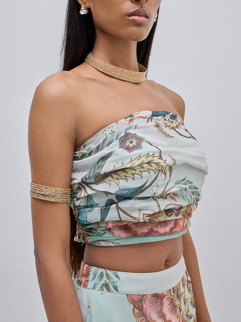 Vark Light Teal Botanical Print Ruched Top - Image 2