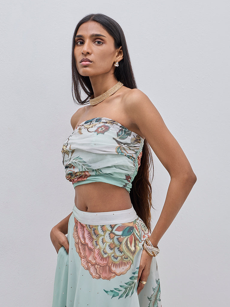 Vark Light Teal Botanical Print Ruched Top - Image 3