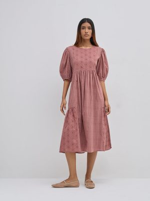 Utsa Dusty Pink Striped Cotton Tiered Dress