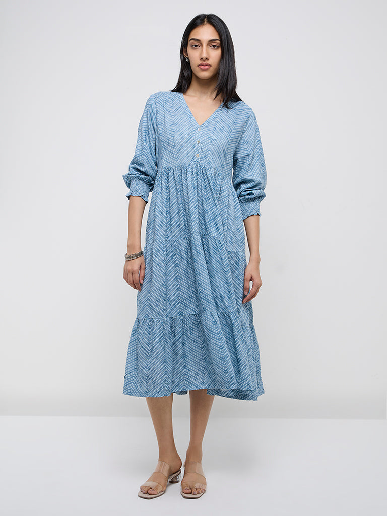Utsa Blue Chevron Printed Tiered Dress