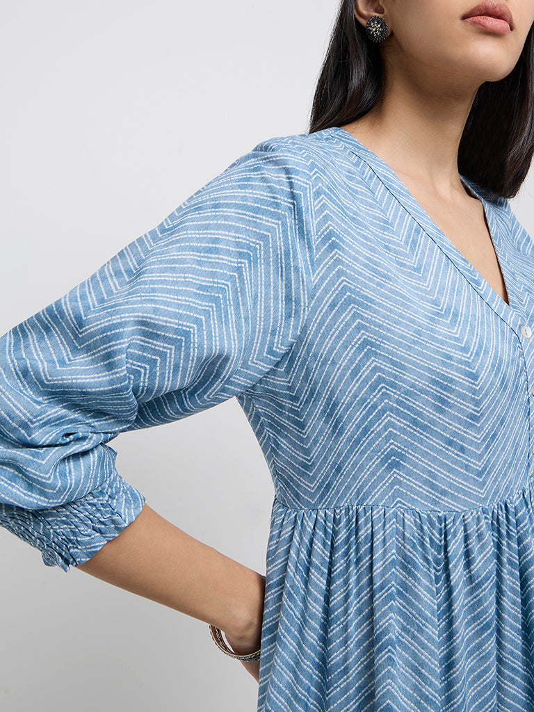 Utsa Blue Chevron Printed Tiered Dress - Image 2