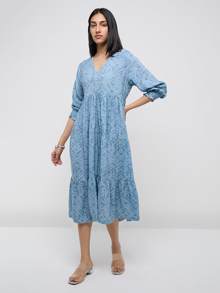 Utsa Blue Chevron Printed Tiered Dress - Image 3