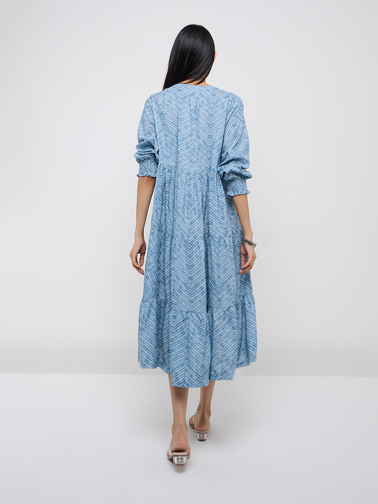 Utsa Blue Chevron Printed Tiered Dress - Image 4