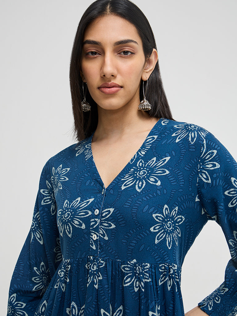 Utsa Blue Floral Design A-Line Dress - Image 2