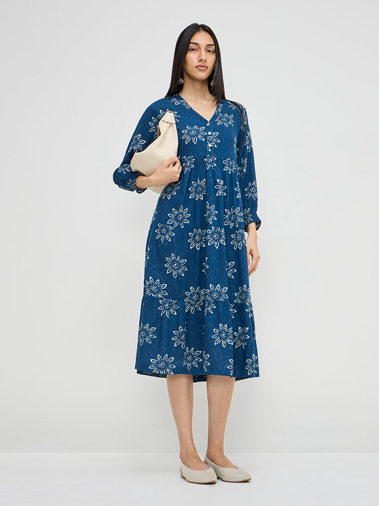 Utsa Blue Floral Design A-Line Dress - Image 3