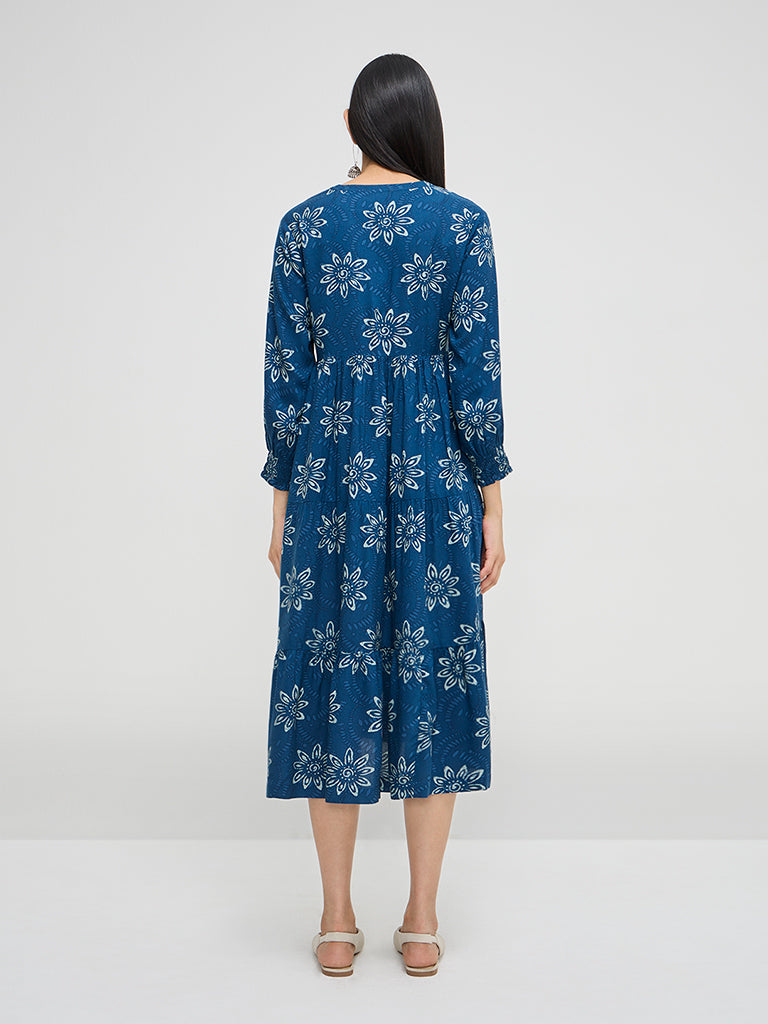 Utsa Blue Floral Design A-Line Dress - Image 4