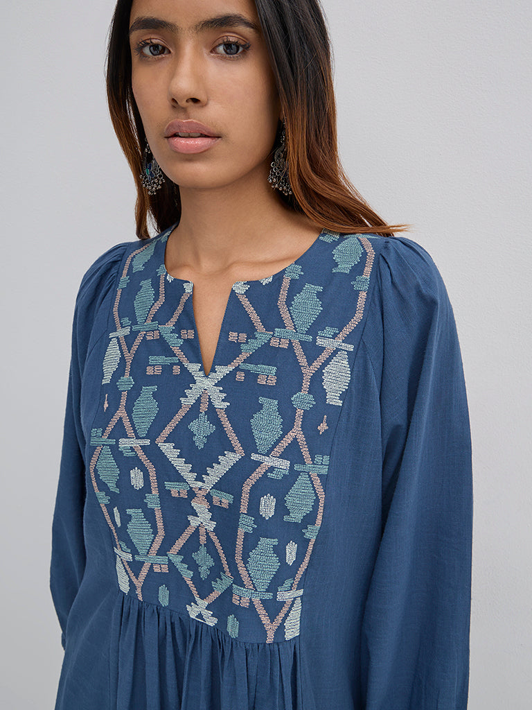 Utsa Blue Embroidered Cotton A-Line Kurta - Image 2