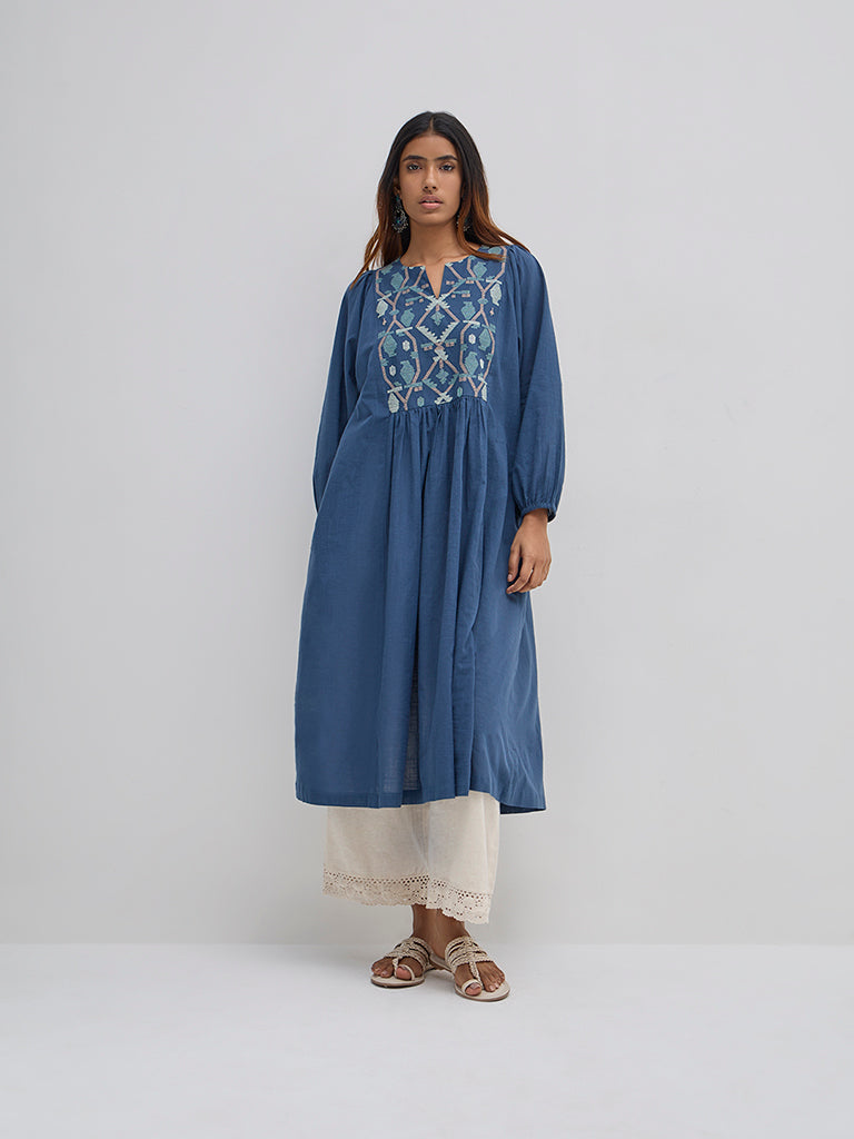 Utsa Blue Embroidered Cotton A-Line Kurta - Image 3