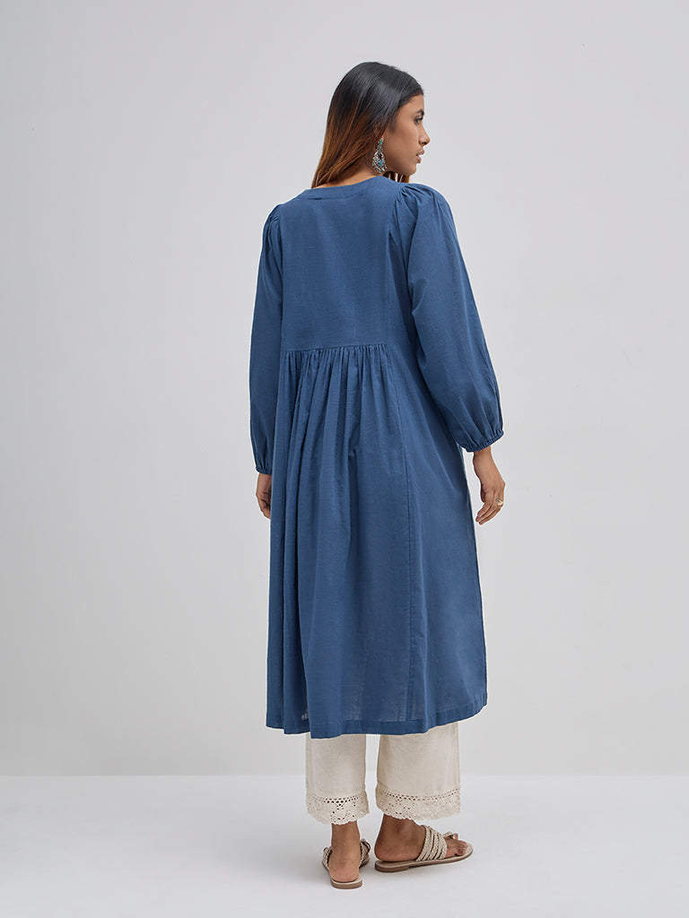 Utsa Blue Embroidered Cotton A-Line Kurta - Image 4
