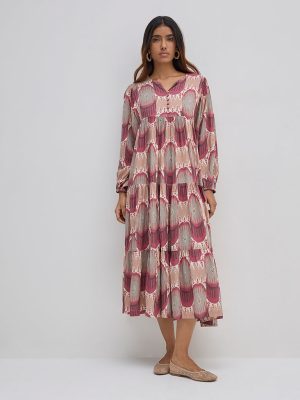 Utsa Dusty Pink Ikat Printed Tiered Dress