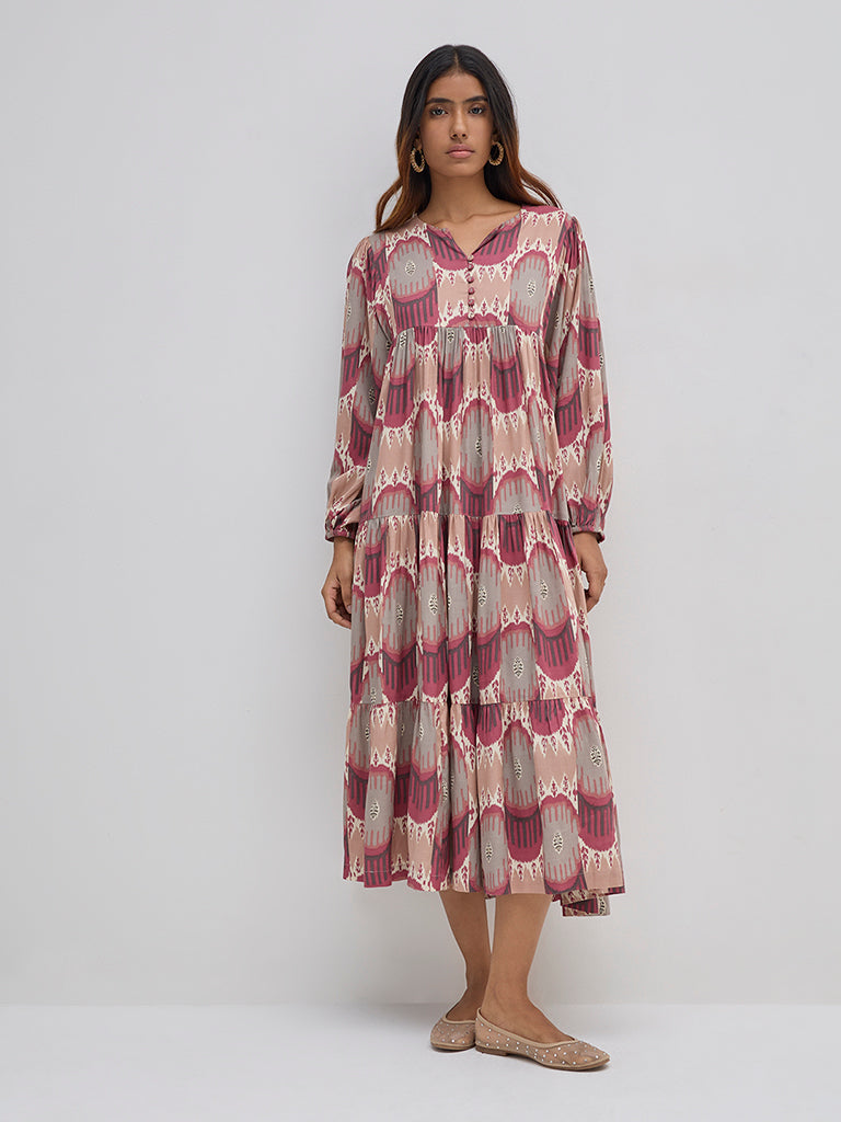 Utsa Dusty Pink Ikat Printed Tiered Dress