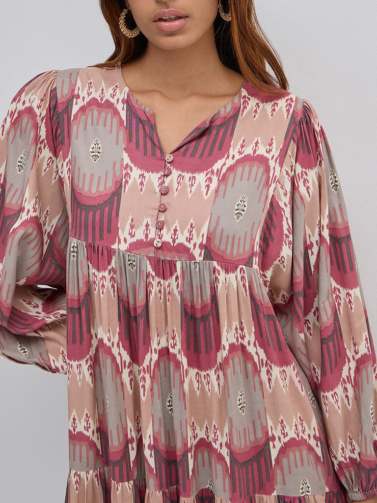 Utsa Dusty Pink Ikat Printed Tiered Dress - Image 3
