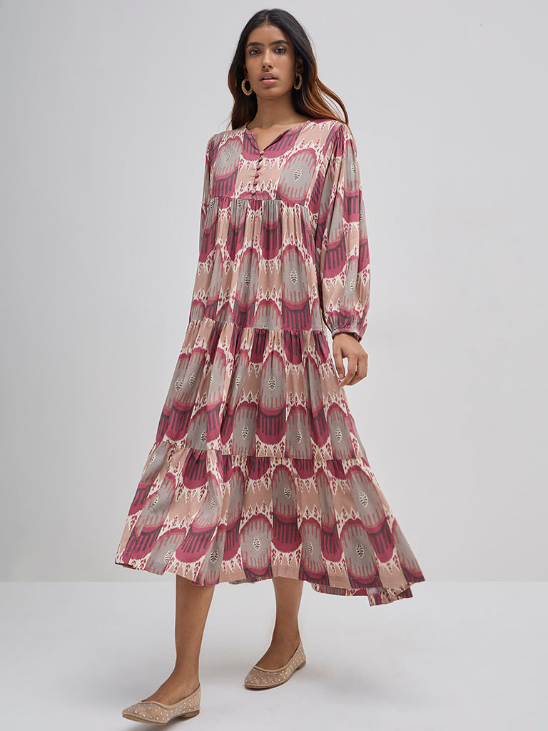Utsa Dusty Pink Ikat Printed Tiered Dress - Image 4