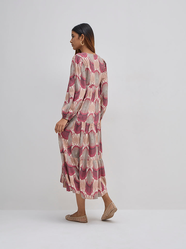 Utsa Dusty Pink Ikat Printed Tiered Dress - Image 5