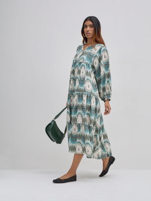 Utsa Teal Ikat Printed Tiered Dress
