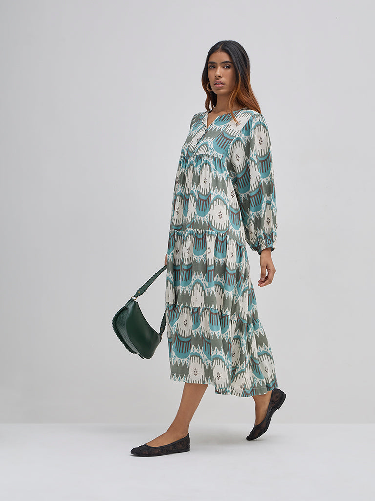 Utsa Teal Ikat Printed Tiered Dress