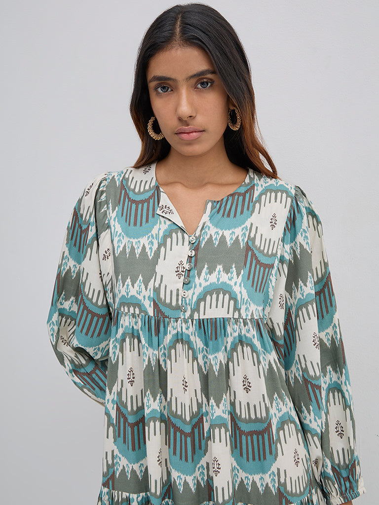 Utsa Teal Ikat Printed Tiered Dress - Image 3
