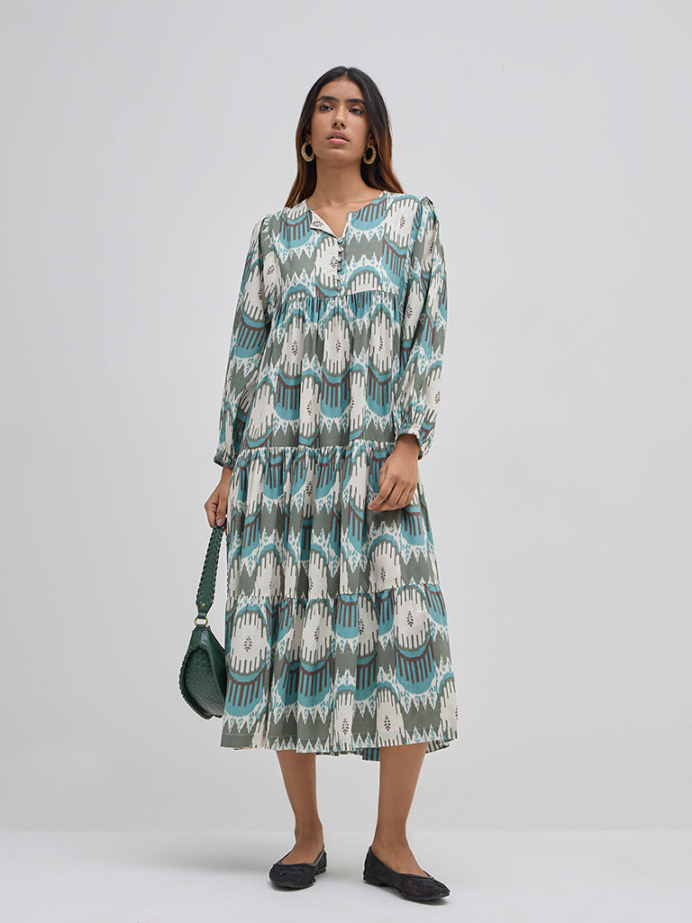 Utsa Teal Ikat Printed Tiered Dress - Image 4