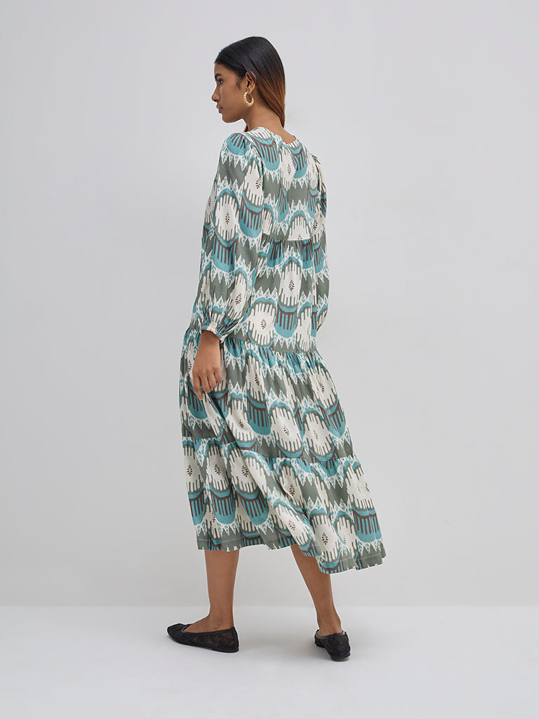 Utsa Teal Ikat Printed Tiered Dress - Image 5