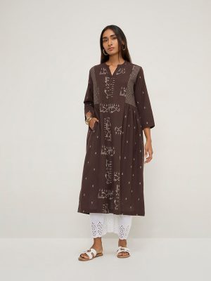 Utsa Brown Jamdani Printed A-Line Cotton-Blend Kurta