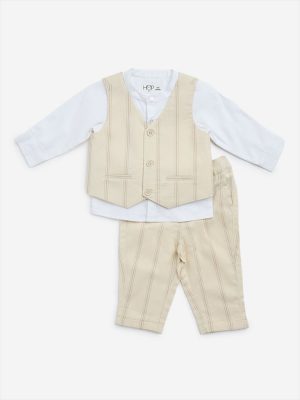 HOP Baby Beige Striped Waistcoat. Cotton Shirt and Mid-Rise Pants Set