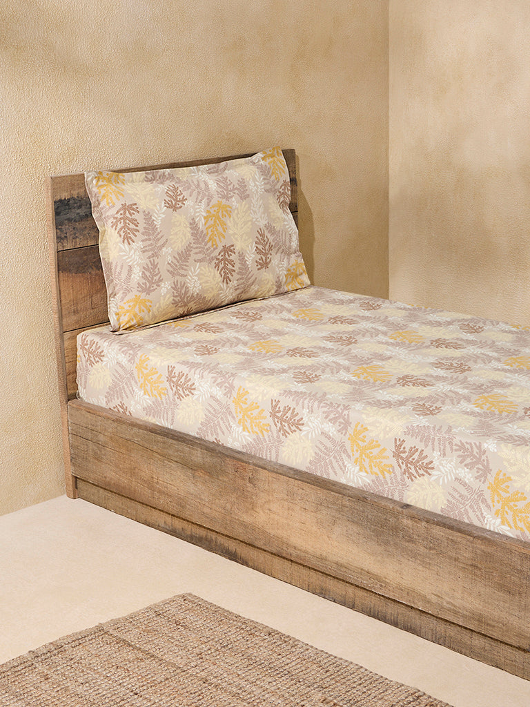 Westside Home Ochre Foliage Single Bed Flat Sheet and Pillowcase Set - Image 2