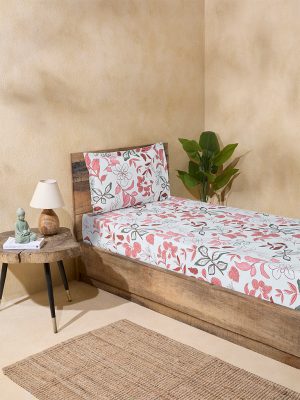 Westside Home Pink Floral Printed Single Bed Flat Sheet and Pillowcase Set