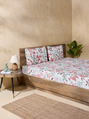 Westside Home Pink Floral Printed Queen Bed Flat Sheet and Pillowcase Set