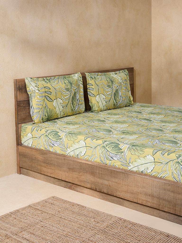 Westside Home Yellow Printed Queen Bed Fitted Sheet and Pillowcase Set - Image 2