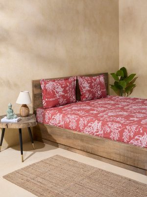 Westside Home Rust Printed Queen Bed Fitted Sheet and Pillowcase Set