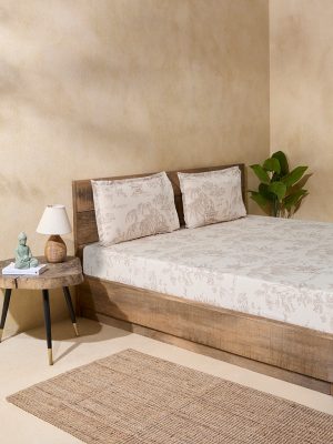 Westside Home Beige Toile Printed Queen Bed Flat Sheet and Pillowcase Set