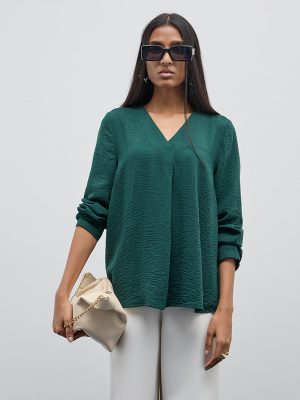 Wardrobe Dark Green Crinkle-Textured Top