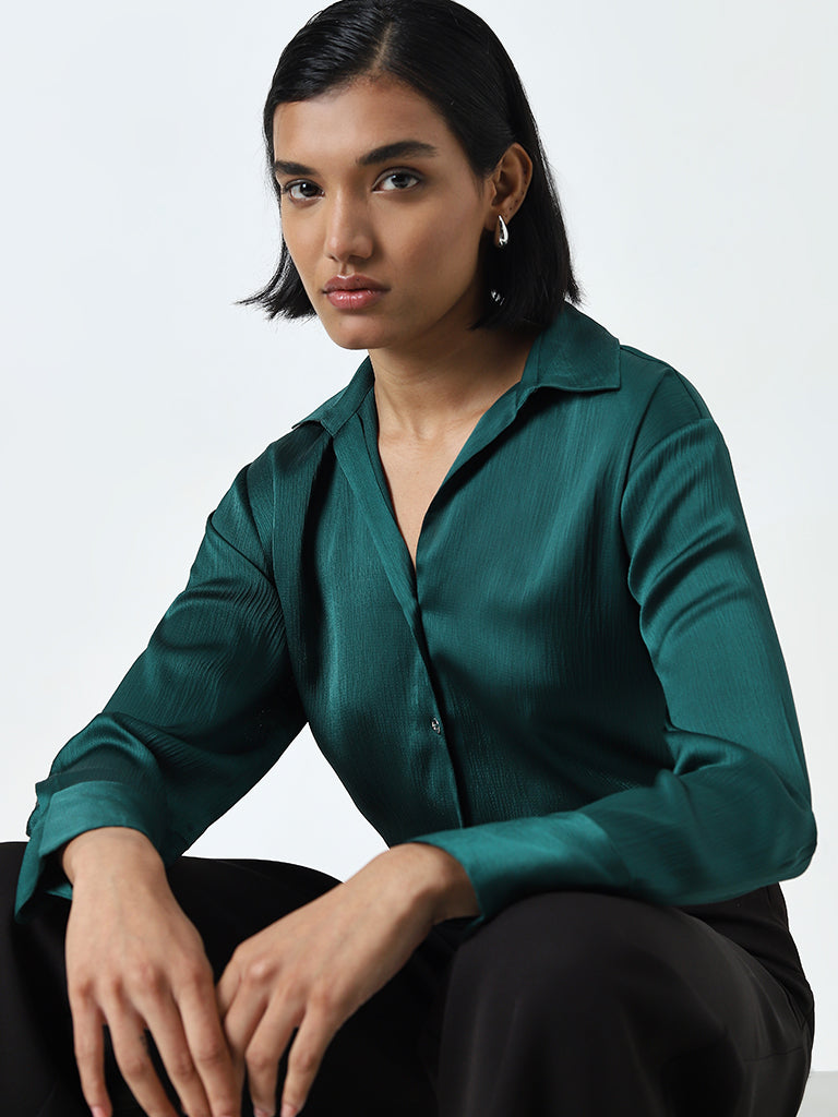 Wardrobe Green Self Design Shirt - Image 3