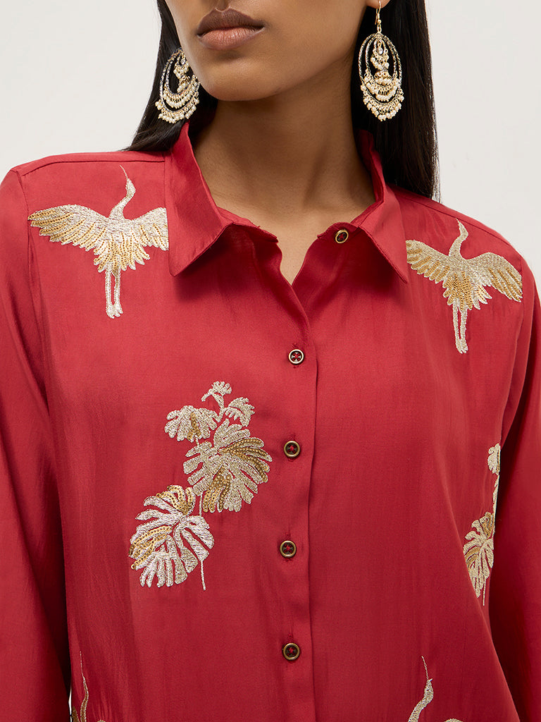 Vark Red Embroidered High-Low Tunic and Pants Set - Image 3