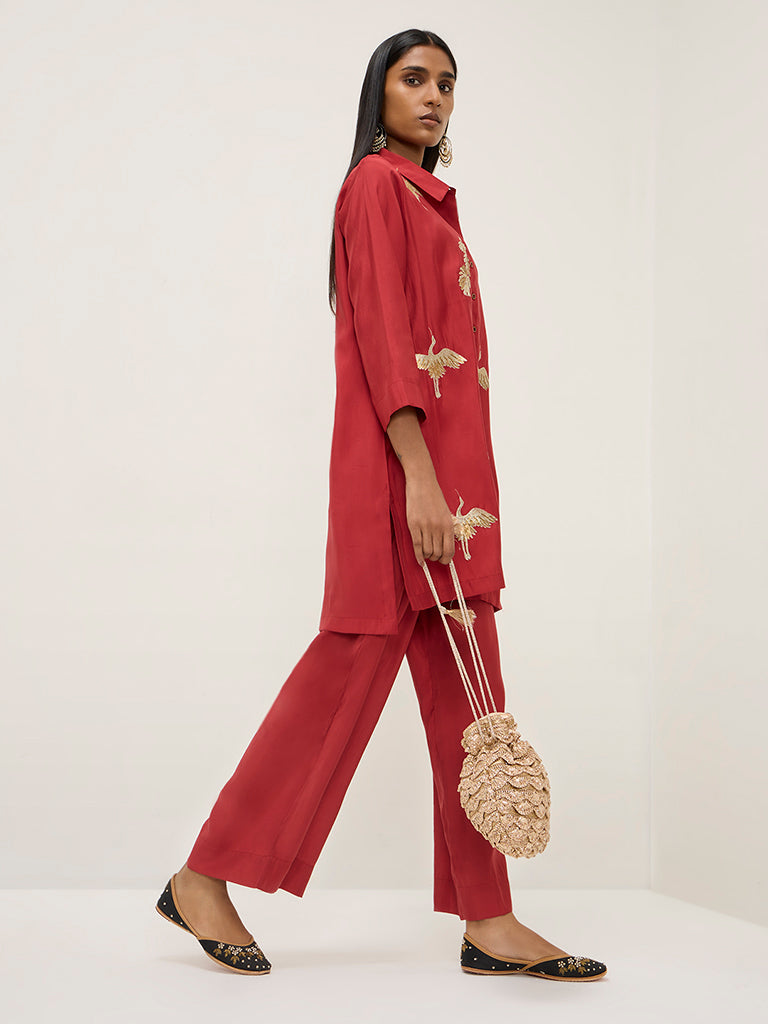 Vark Red Embroidered High-Low Tunic and Pants Set - Image 4