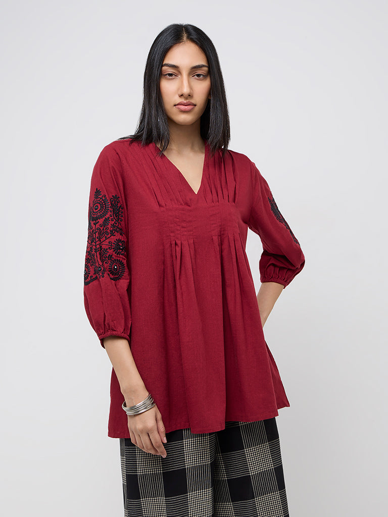 Utsa Red Embroidered A-Line Cotton Kurti - Image 3